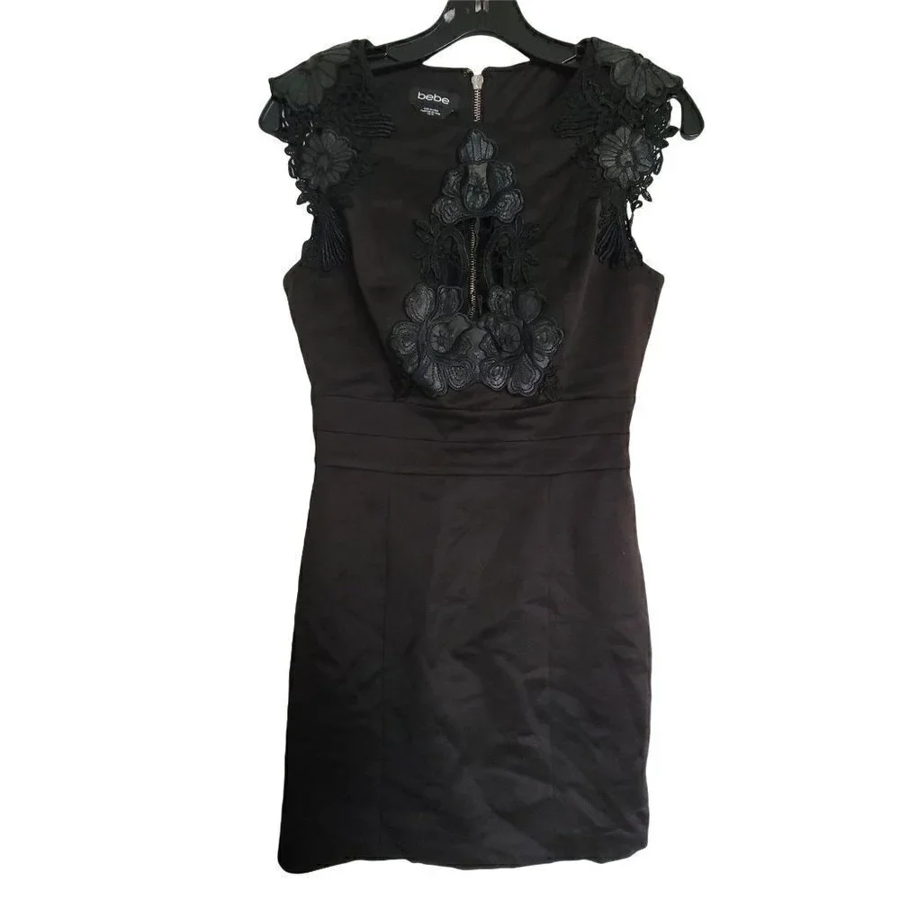 Bebe Black Floral Lace Cap Sleeve Exposed Back Silver Zipper Satin Mini Dress XS